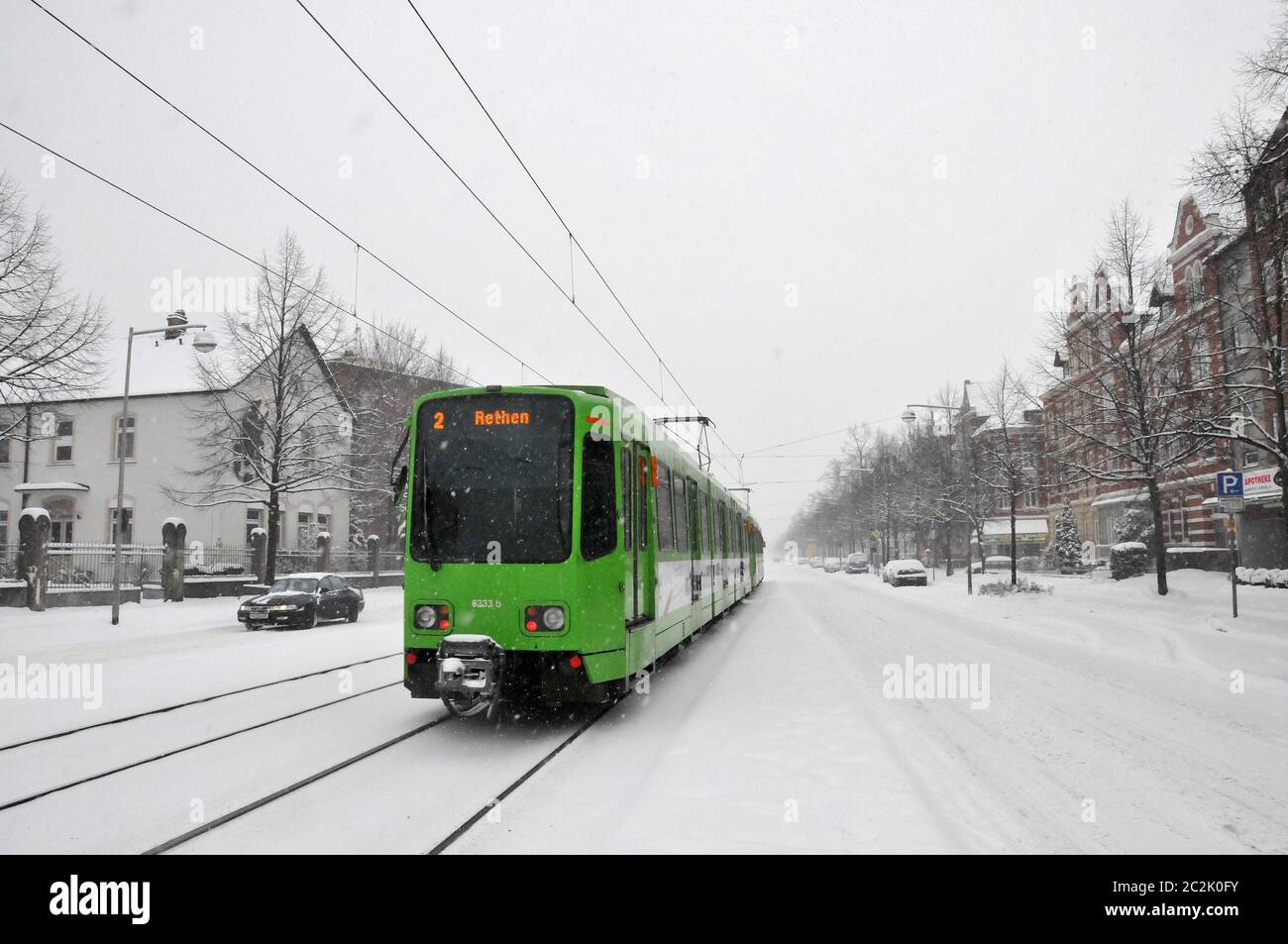 Tram in Hannover in the snow Stock Photo