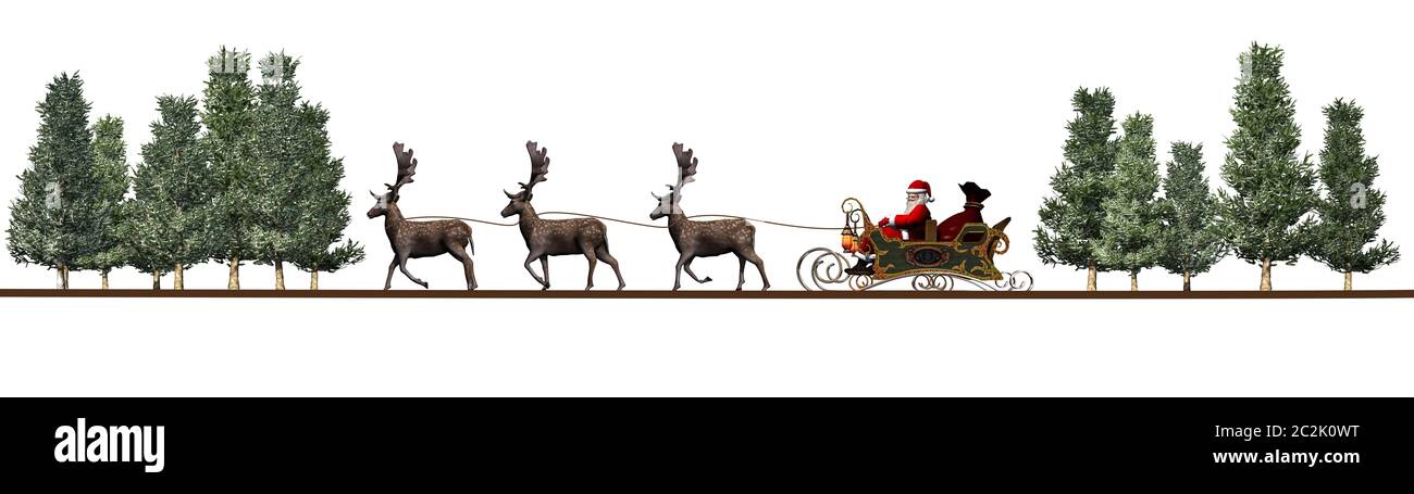 Christmas panorama - Santa Claus, sleigh, reindeers, trees - silhouette Stock Photo