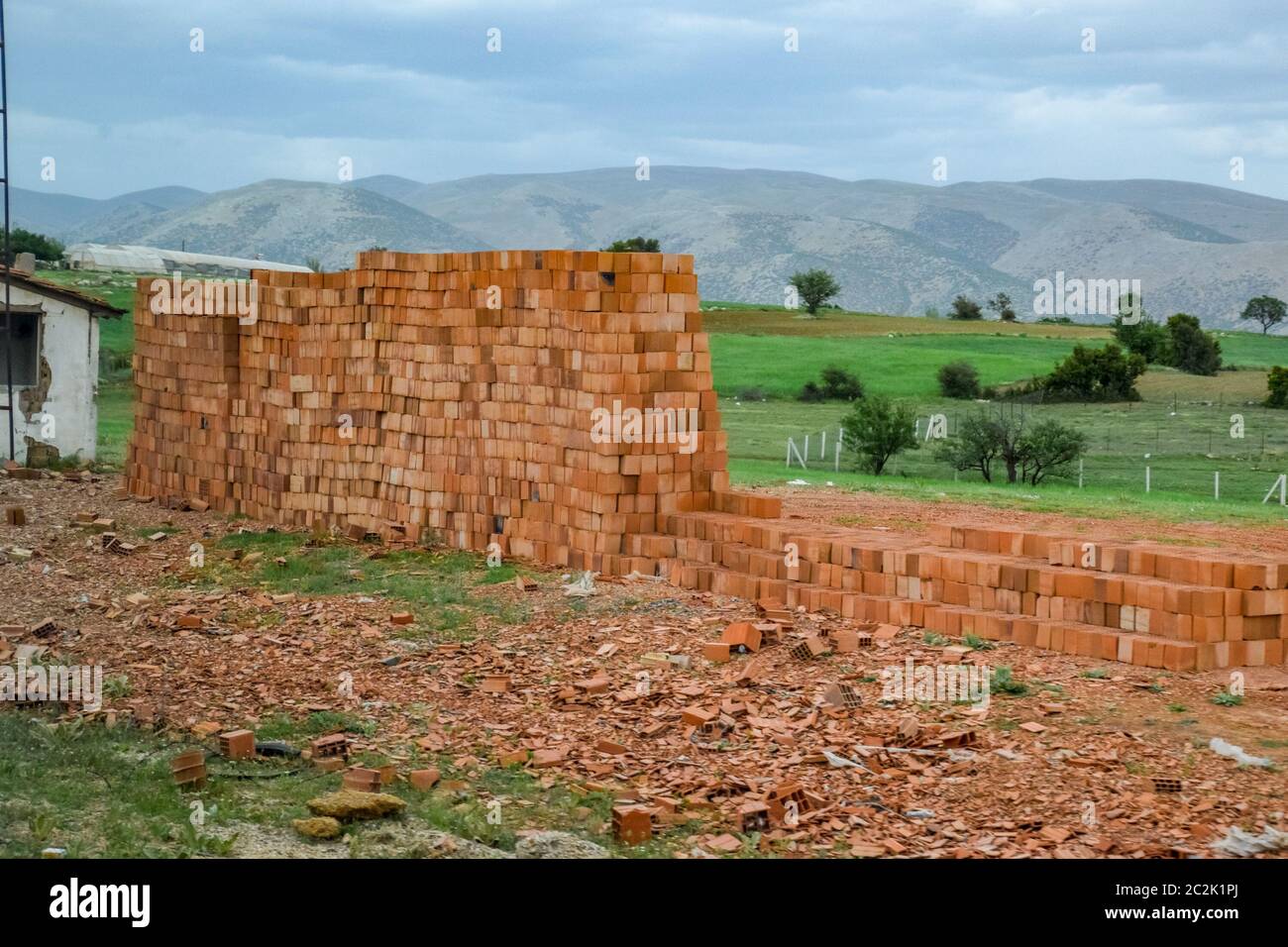 Warehouse of hollow ceramic bricks. Construction base. Stock Photo