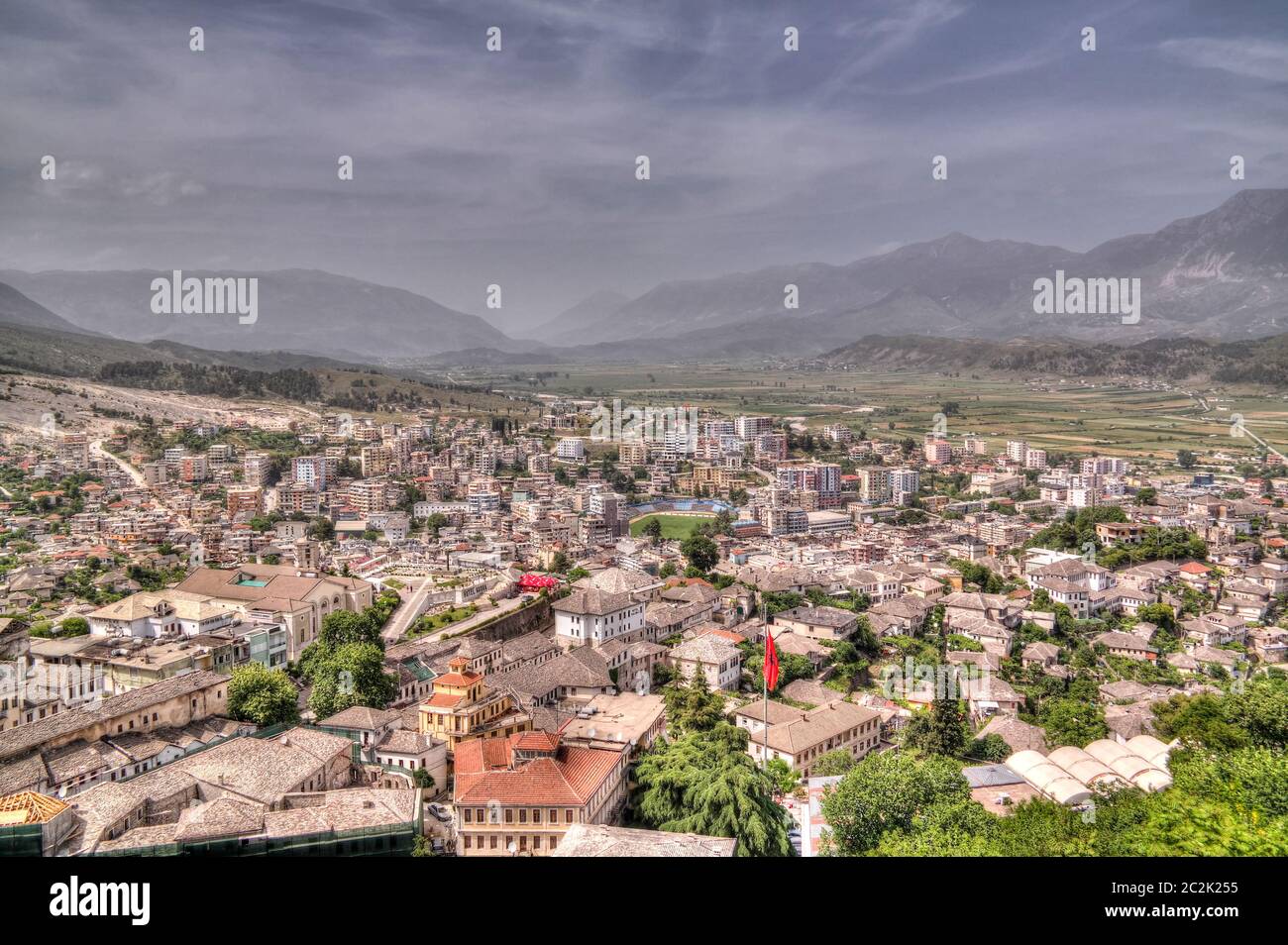 Aerial panoramic view to Gjirokaster city, Albania Stock Photo
