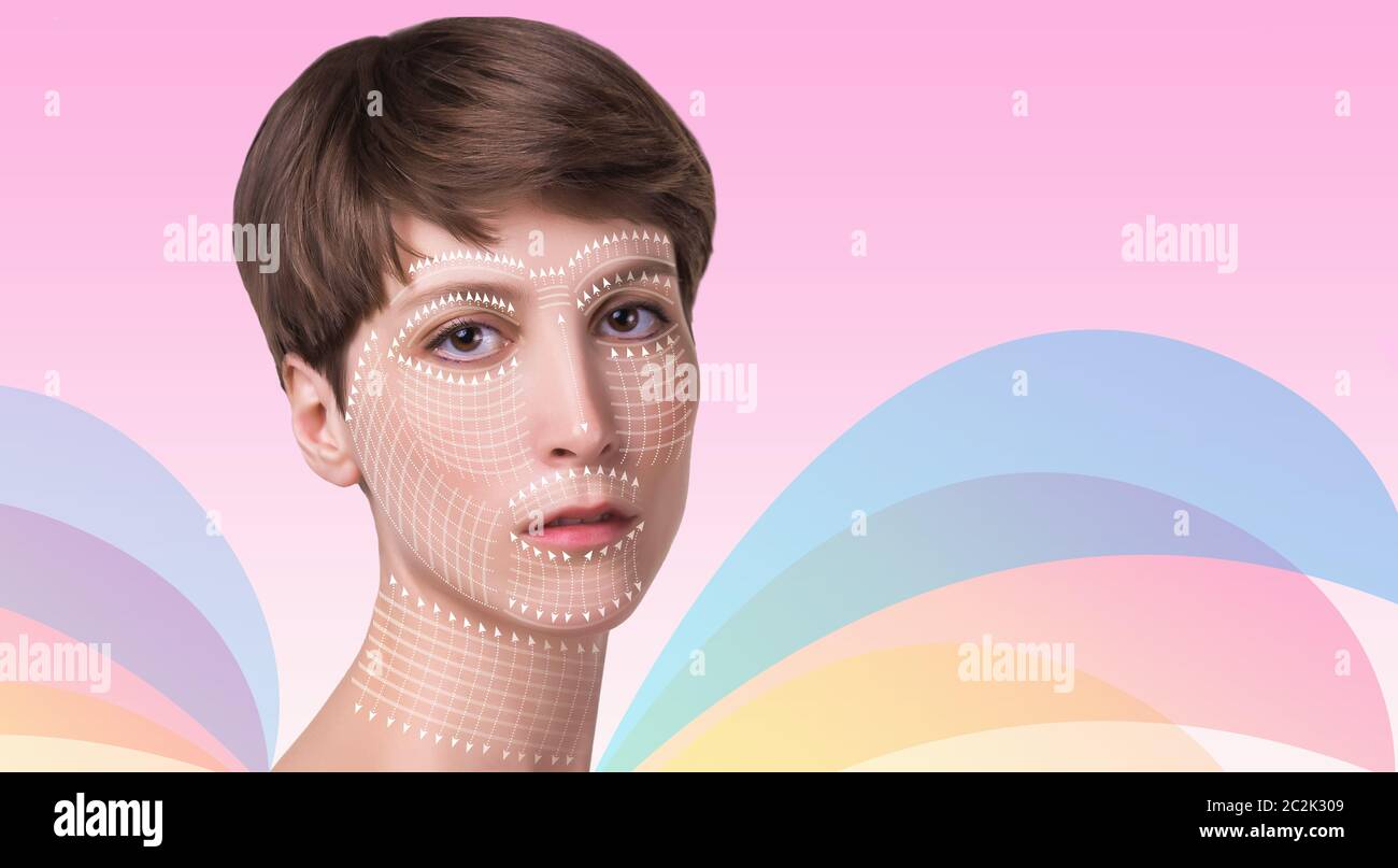 Young female with clean fresh skin. Beautiful woman. Female face and neck. Portrait of young caucasian woman at studio isolated on pastel. Short haircut, long neck, perfect skin. Lifting by gold thread concept Stock Photo