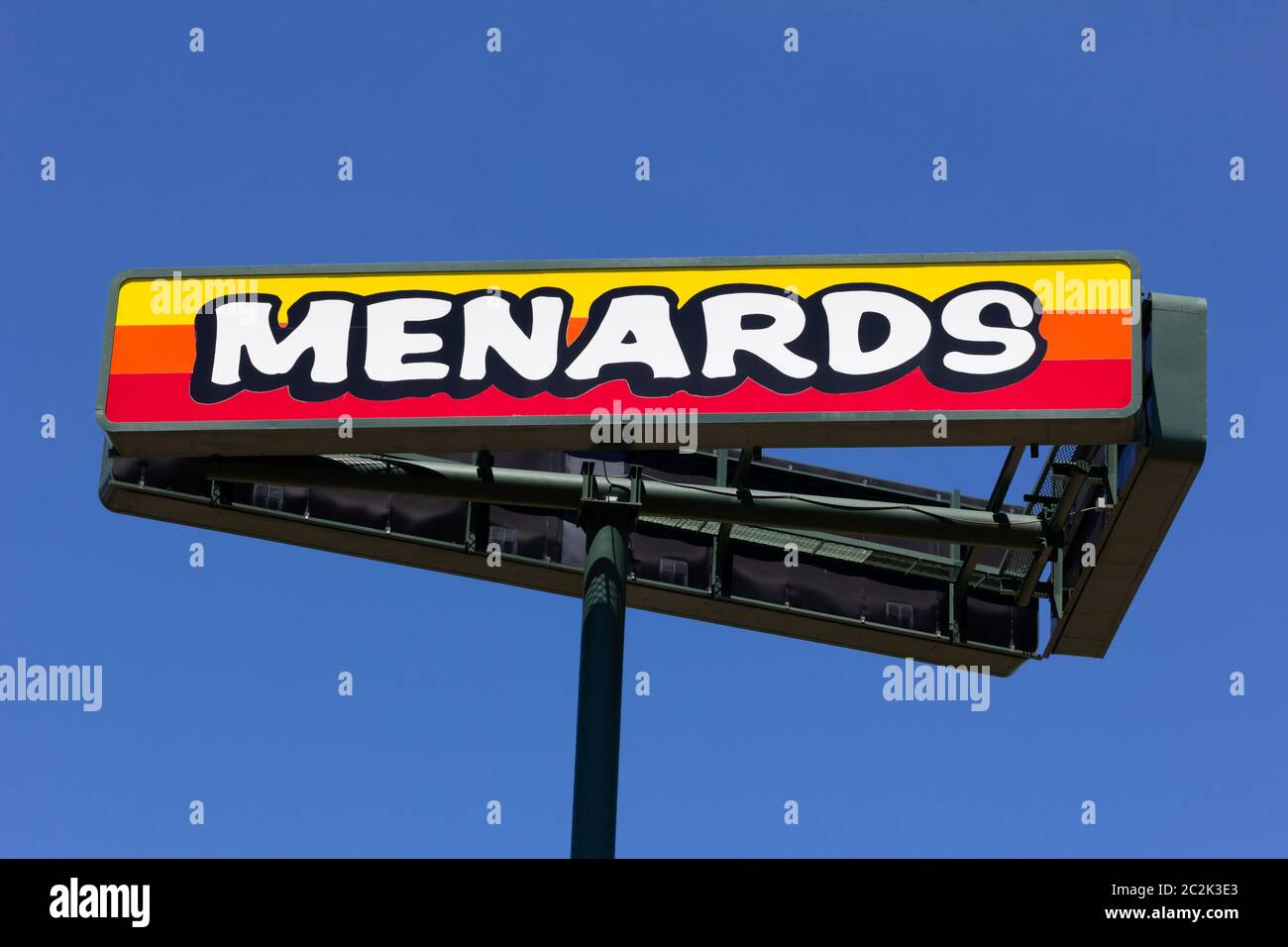RICE LAKE, WI/USA - JUNE 14, 2020: Menards retail exterior sign and trademark logo. Stock Photo