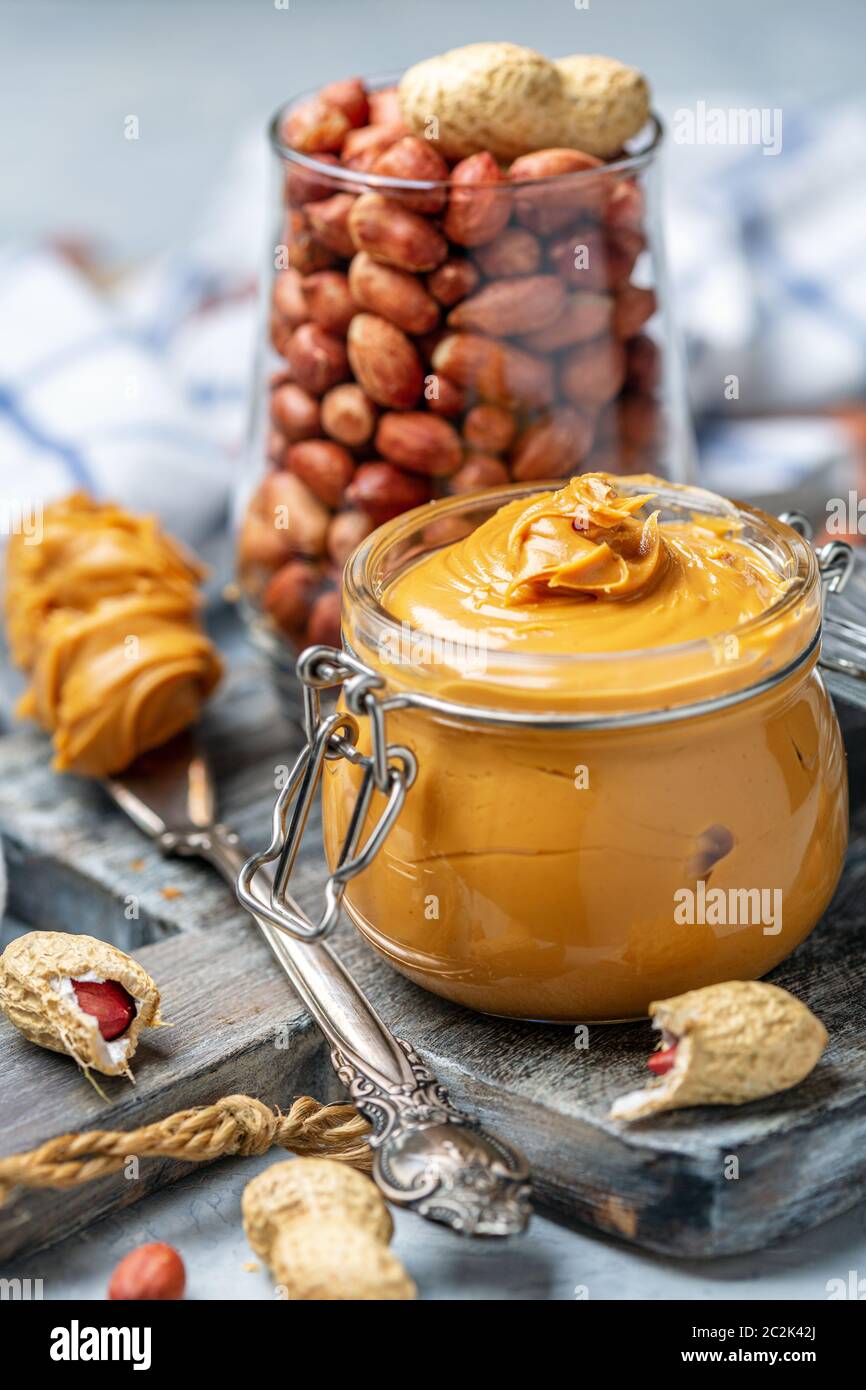 Jar with creamy peanut butter. Stock Photo