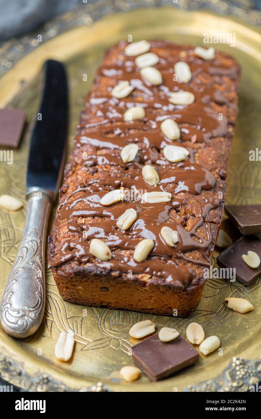 Cake with peanut butter and chocolate frosting. Stock Photo