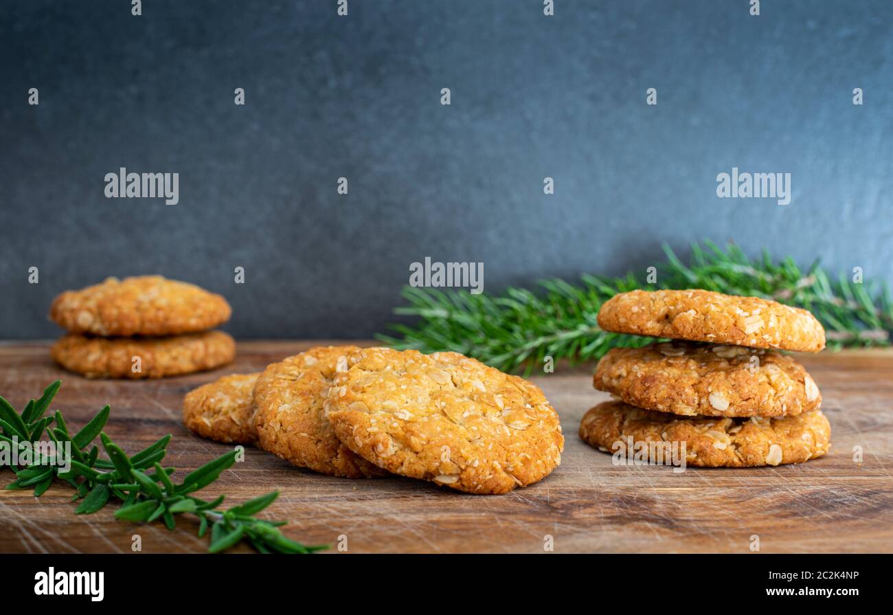 Freshly baked Anzac biscuits, an Australian tradition enjoyed on Anzac Day, made wth rolled oats and golden syrup, copy space Stock Photo