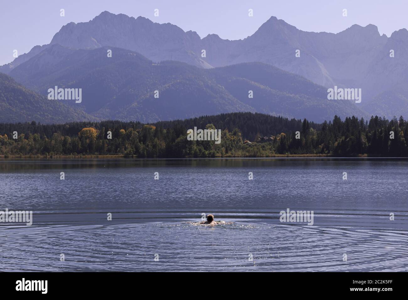 Spa lake in front of the Karwendel mountains, Bavaria, Germany Stock Photo