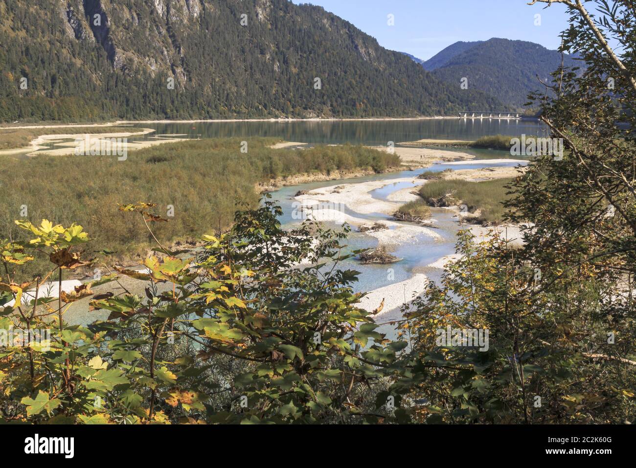 Sylvenstein reservoir and Isar, Germany's last wild river, landscape portrait, September Stock Photo