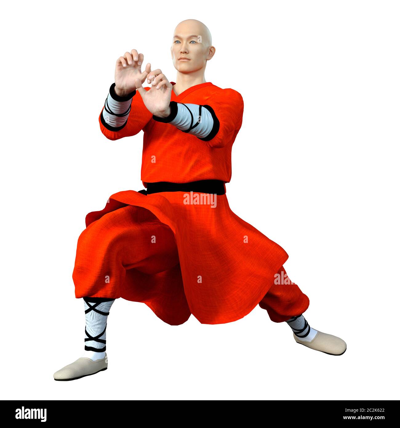 3D rendering of a shaolin monk exercising isolated on white background