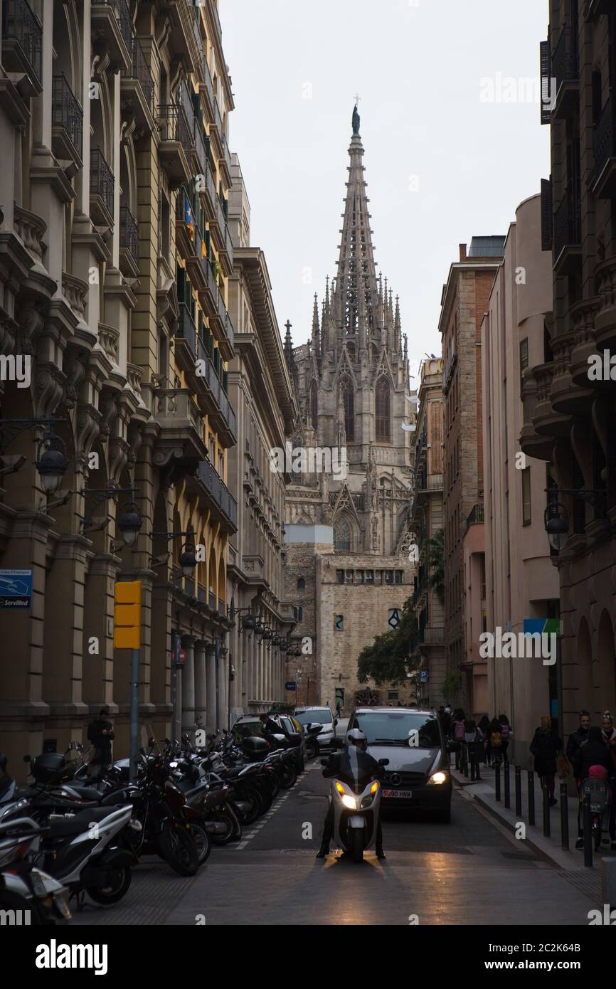 Barcelona Cathedral also known as the Cathedral of the Holy Cross and Saint Eulalia in the Gothic Quarter (Barri Gòtic) in Barcelona, Catalonia, Spain. Stock Photo
