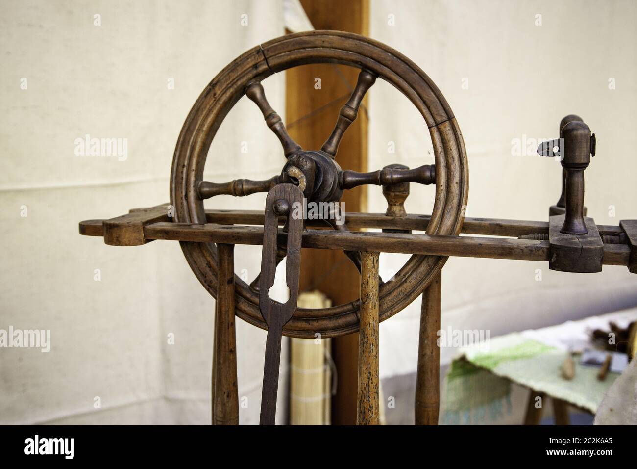 Spinning wheel, detail of ancient craftsmanship, thread manufacturing ...