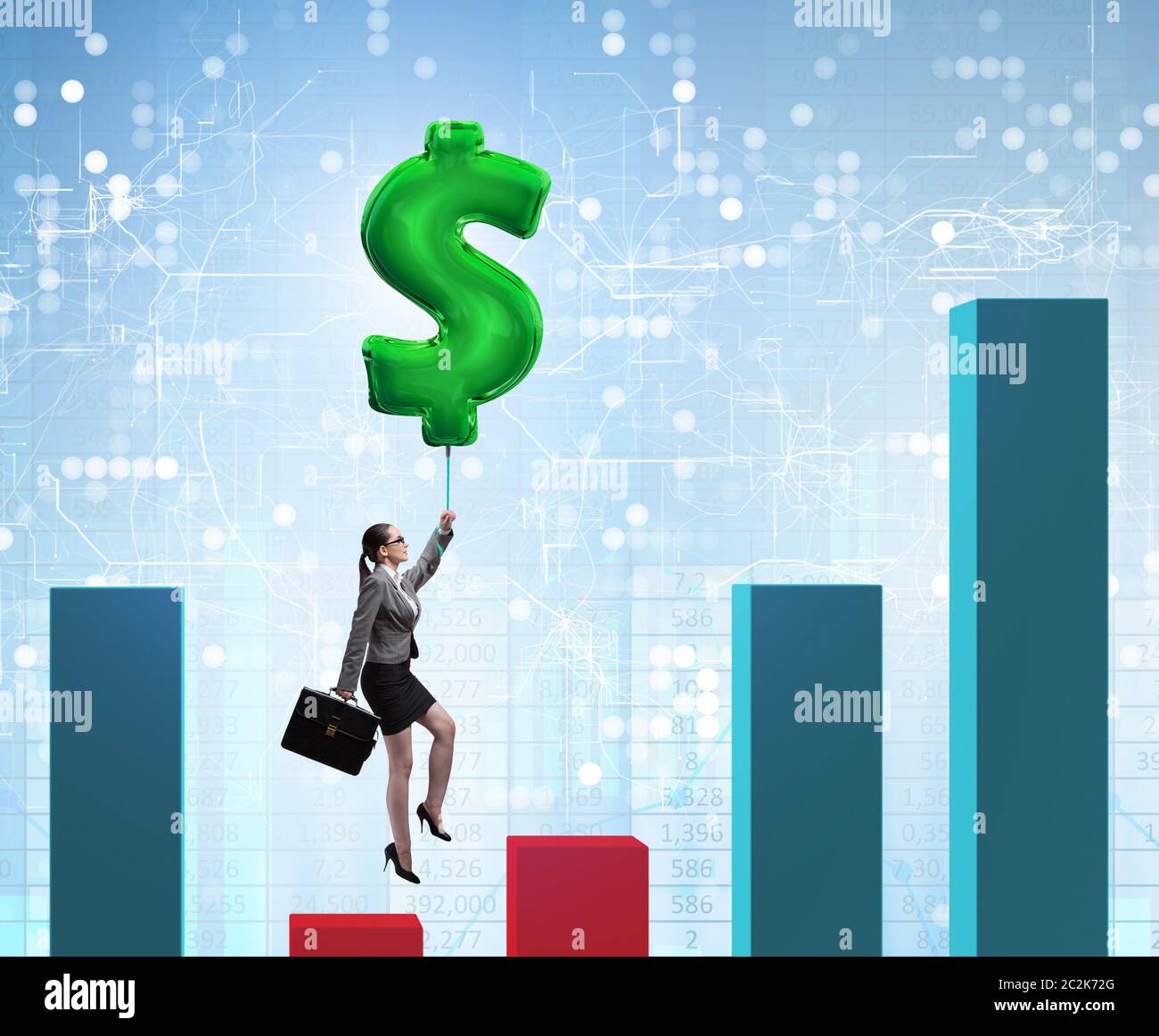 Businesswoman flying on dollar sign inflatable balloon over fina Stock ...