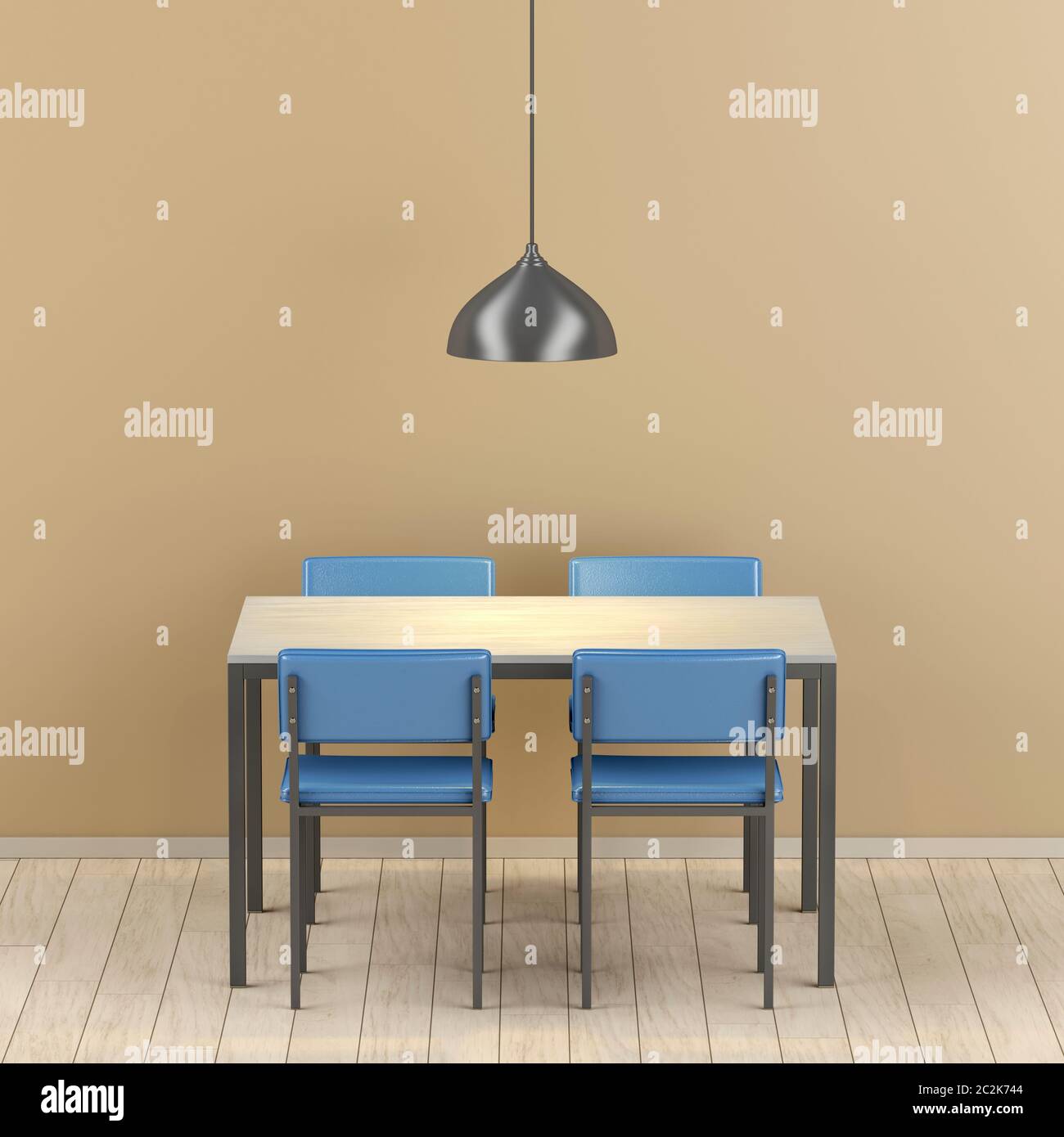 Dining room with wood table and blue leather chairs Stock Photo - Alamy