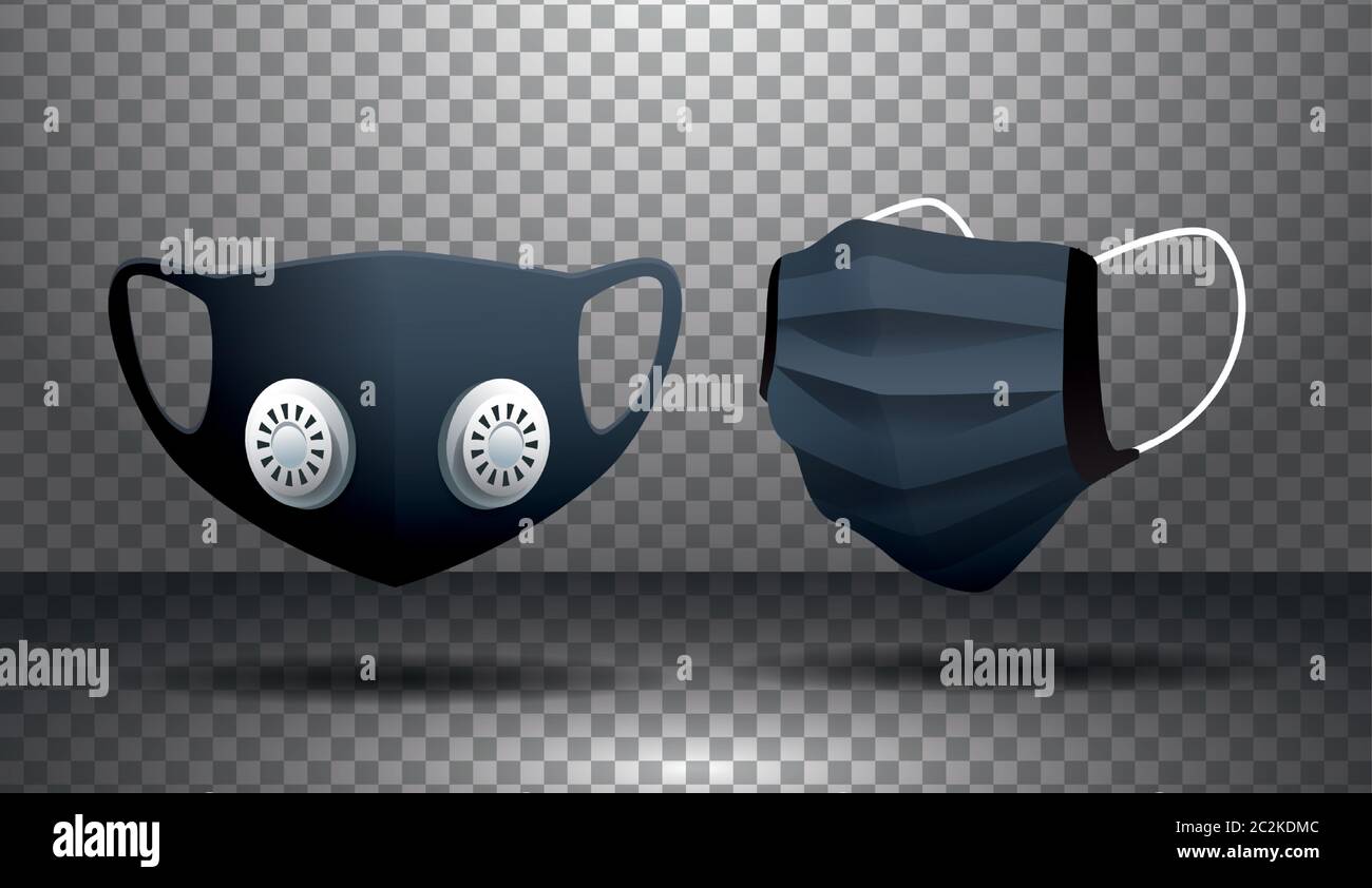 set of black medical masks breathing protective respiratory vector