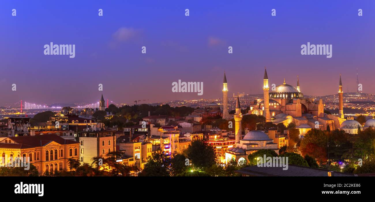 Istanbul night panorama, view on the Hagia Sophia Museum and the Bosphorus bridge, Turkey. Stock Photo