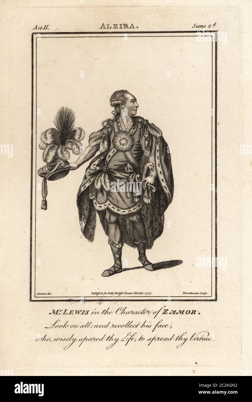 Mr. William Thomas Lewis in the character of Zamor in John Hill’s Alzira. However, Hill did not play the role in London. Copperplate engraving by J. Thornthwaite after an illustration by James Roberts from Bell’s British Theatre, Consisting of the most esteemed English Plays, John Bell, London, 1777. Stock Photo