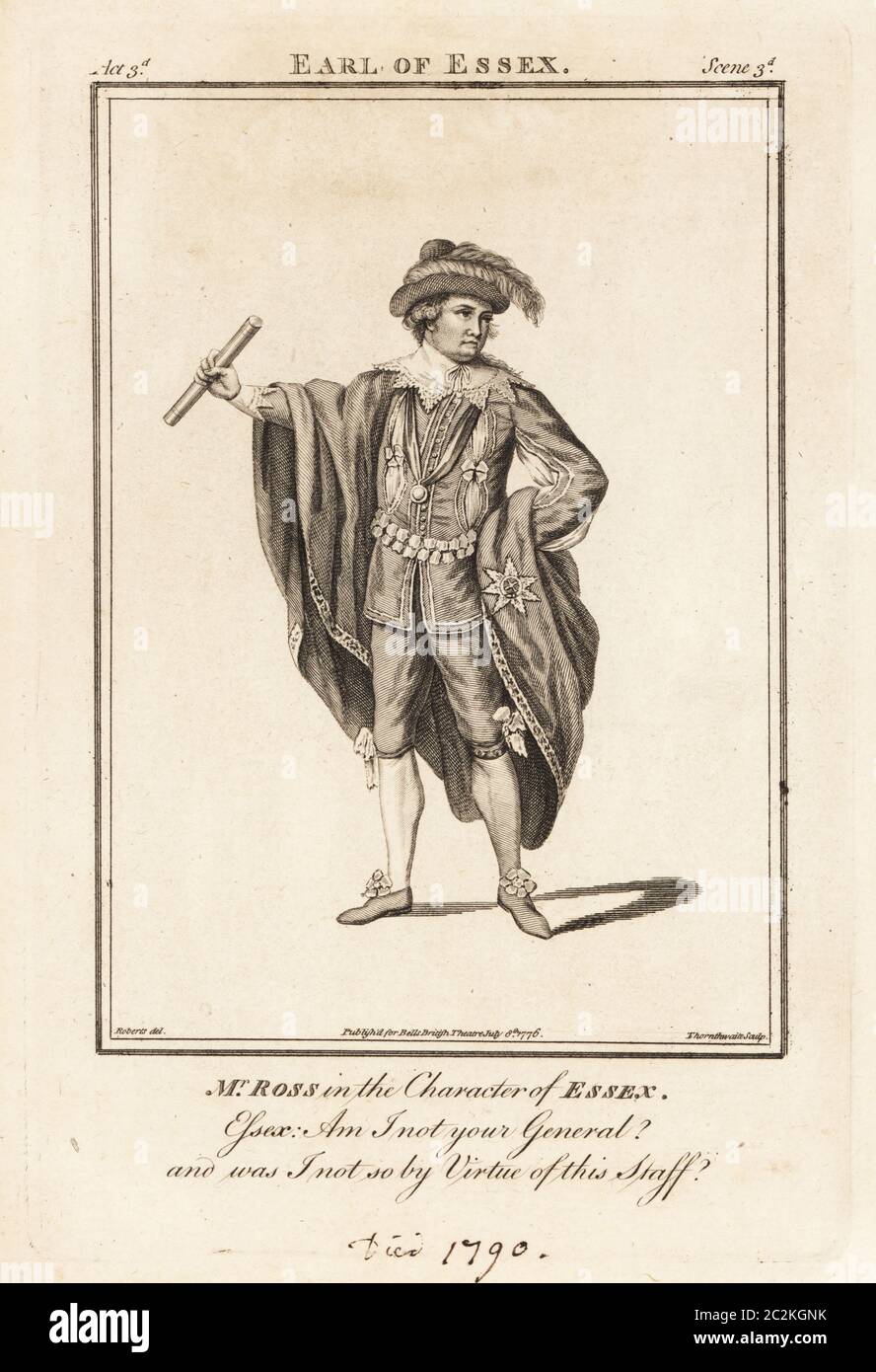 Mr. David Ross in the character of Essex in Henry Jones’ The Earl of Essex, Drury Lane Theatre, 1752. Copperplate engraving by J. Thornthwaite after an illustration by James Roberts from Bell’s British Theatre, Consisting of the most esteemed English Plays, John Bell, London, 1776. Stock Photo