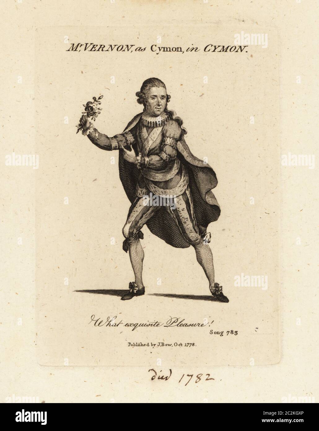 Mrs. Joseph Vernon as Cymon singing Thomas Arne’s cantata Cymon and Iphigenia. He holds a rose and wears a cape, ruff, doublet and breeches. Vernon (1731-1782), actor and singer who appeared in Queen Mab and The Beggar's Opera. Copperplate engraving from the 'Vocal Magazine' published by J. Bew, 1778. Stock Photo
