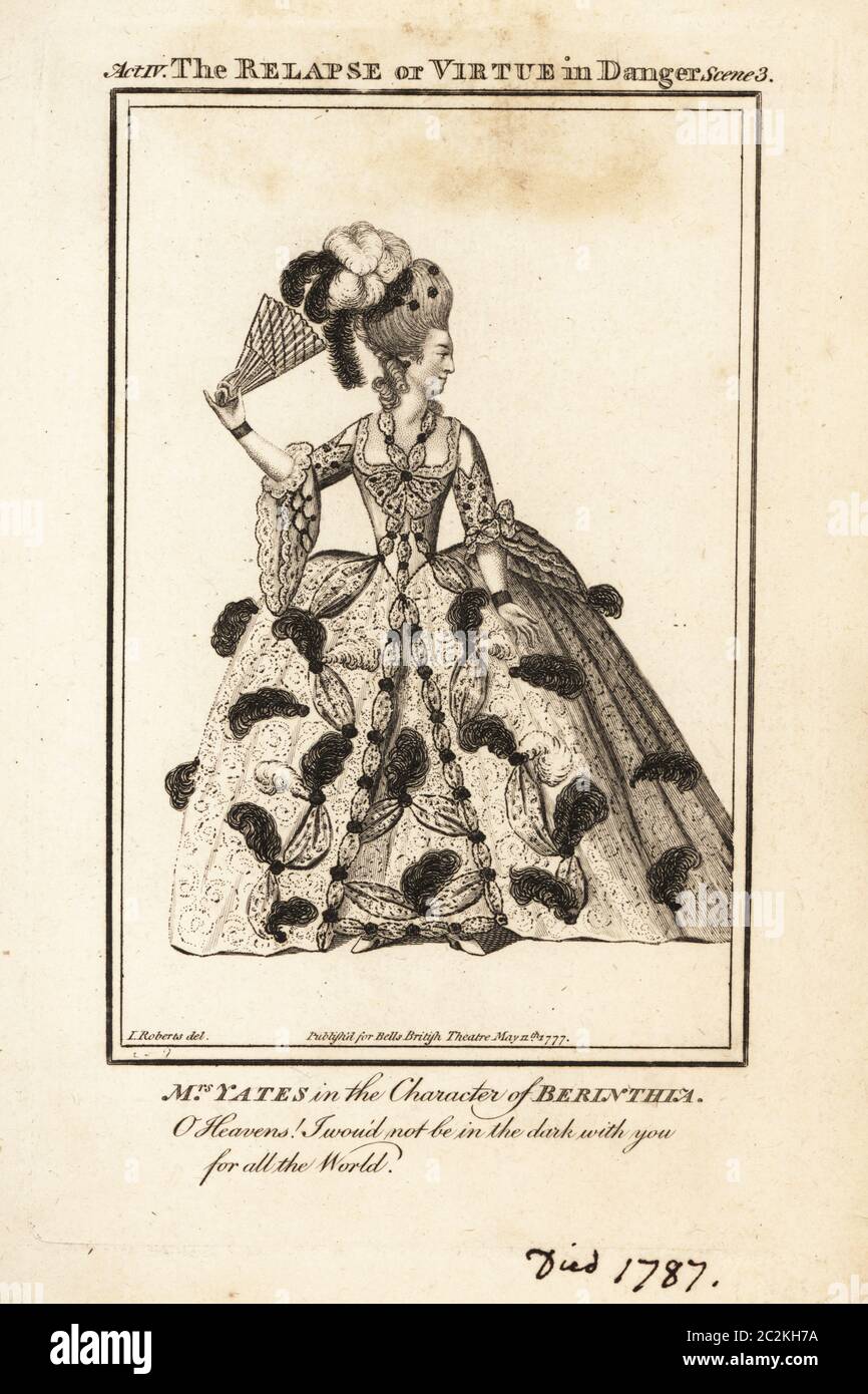 Mrs Mary Ann Yates in the character of Berinthia in John Vanbrugh’s The Relapse or Virtue in Danger. Copperplate engraving after an illustration by James Roberts from Bell’s British Theatre, Consisting of the most esteemed English Plays, John Bell, London, 1777. Stock Photo