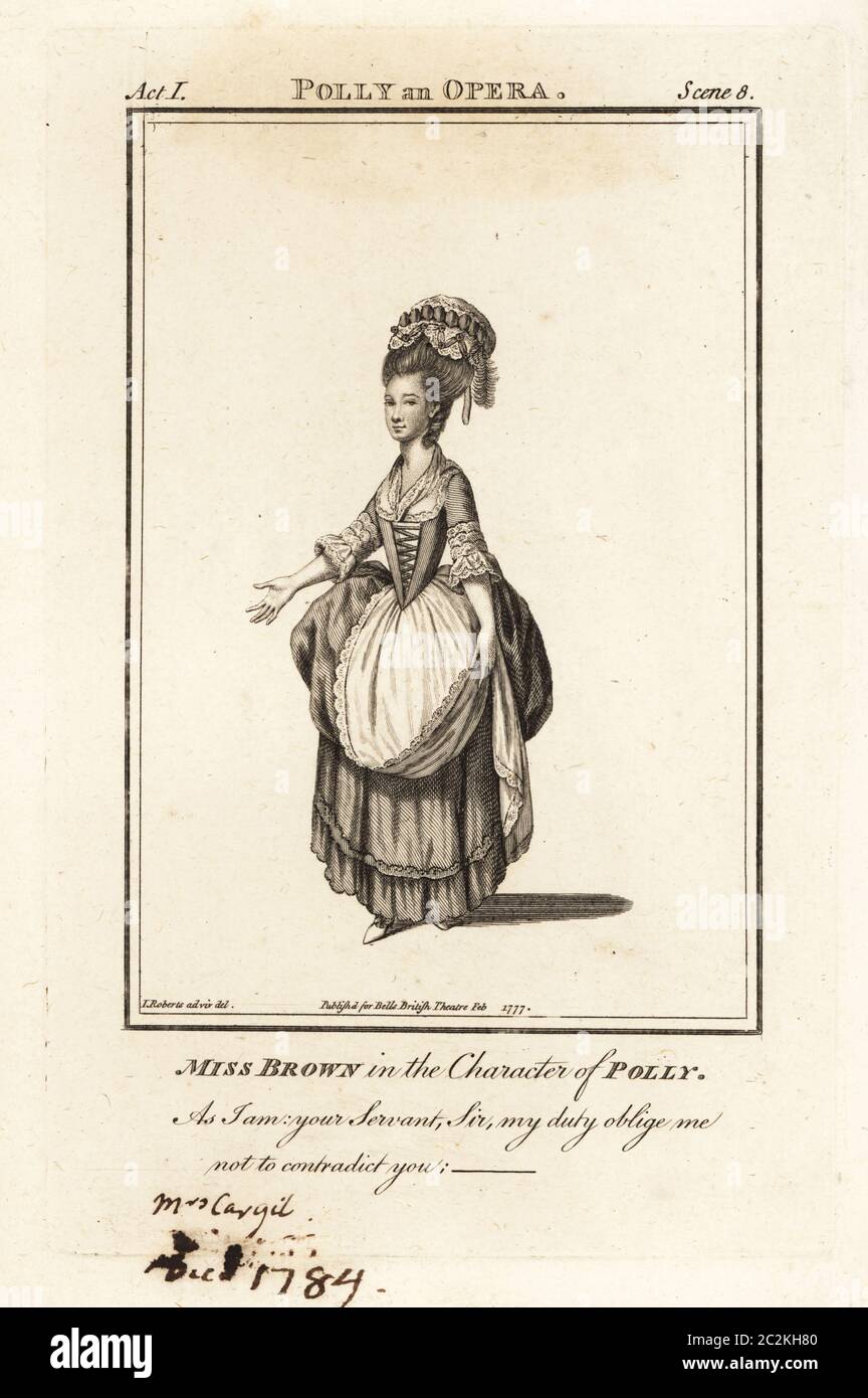 Miss Ann Brown or Ann Cargill in the character of Polly in John Gay’s ballad opera Polly an Opera. Died in 1784 in the shipwreck of the packet ship Nancy. Copperplate engraving after an illustration by James Roberts drawn from the life from Bell’s British Theatre, Consisting of the most esteemed English Plays, John Bell, London, 1777. Stock Photo