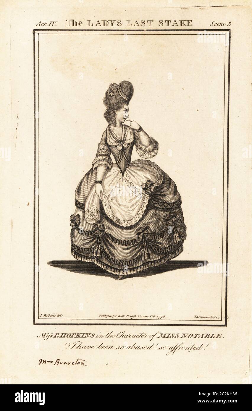 Miss Priscilla Hopkins in the character of Miss Notable in Colley Cibber’s The Ladys Last Stake. However, she never played the role in London. Copperplate engraving by J. Thornthwaite after an illustration by James Roberts from Bell’s British Theatre, Consisting of the most esteemed English Plays, John Bell, London, 1778. Stock Photo