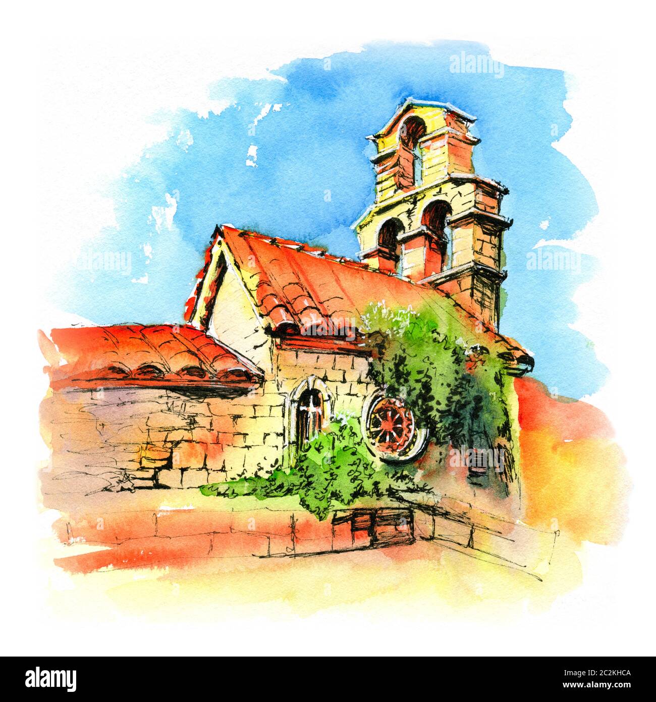 Watercolor sketch of Santa Maria in Punta, the oldest church of Montenegrin town Budva, Montenegro Stock Photo