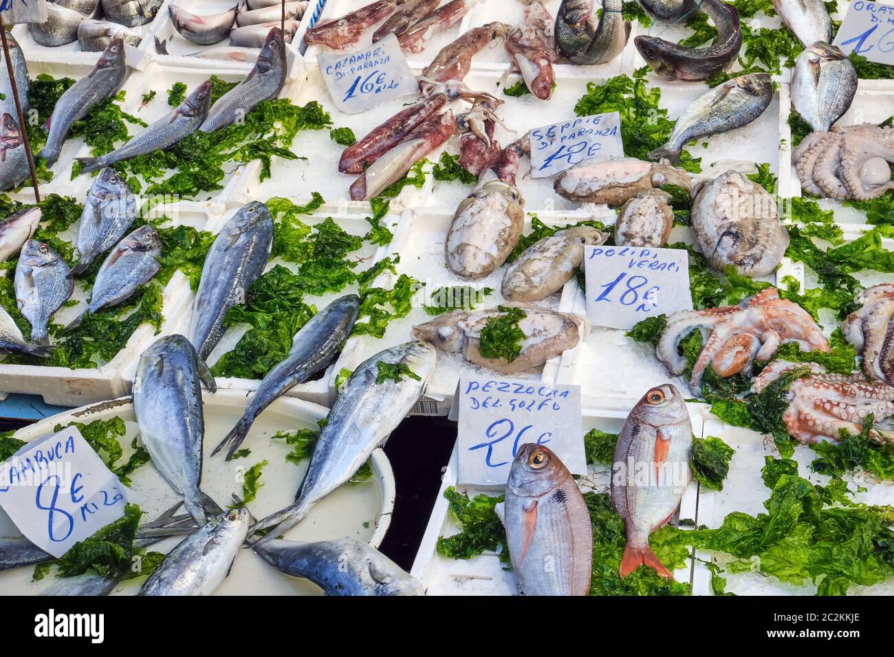 Fresh fish and seafood for sale at a market in Naples, Italy Stock