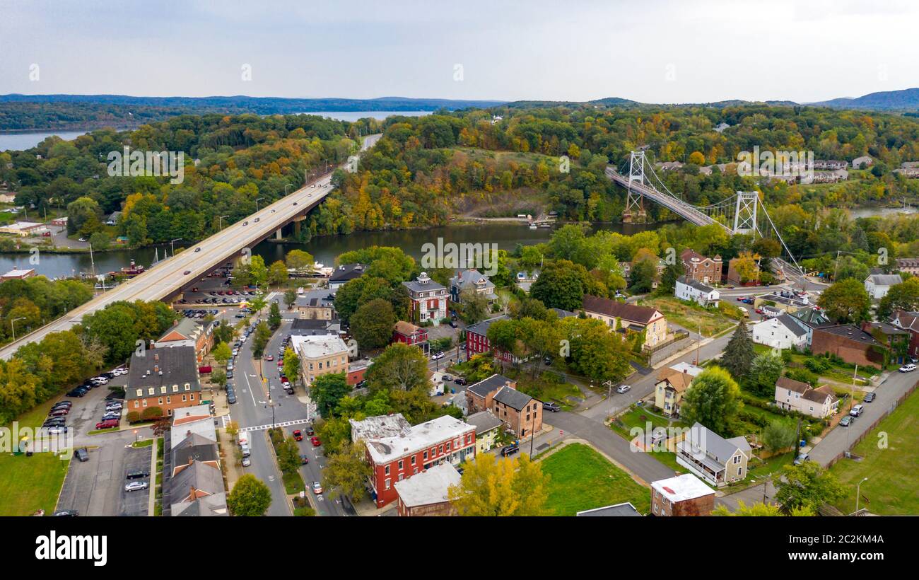 Rondout Creek flows past under bridges on the waterfront in South Kingston New York USA Stock Photo