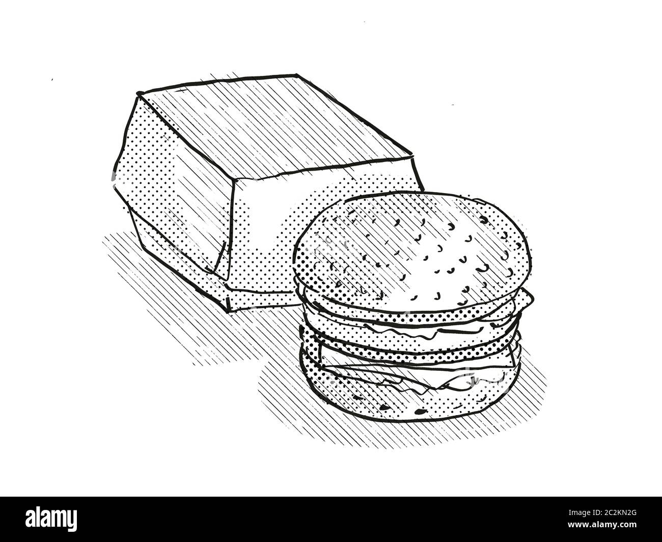 Retro Cartoon Style Drawing Of A Hamburger Or Cheeseburger Burger Meal With Packaging On Isolated White Background Done In Black And White Stock Photo Alamy