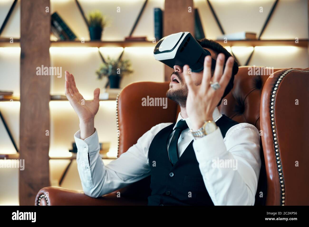 Man wearing virtual reality goggles Stock Photo