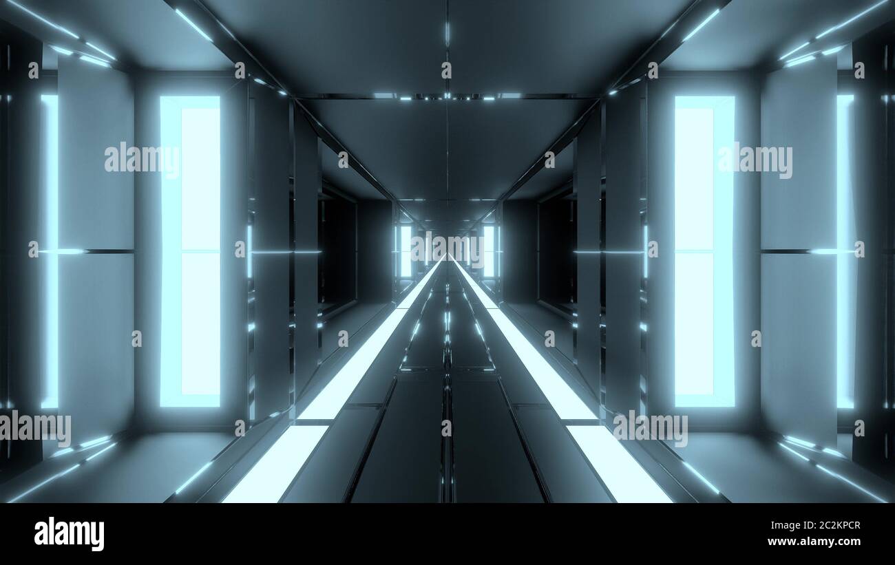 clean futuristic scifi tunnel corridor with glass windows and endless
