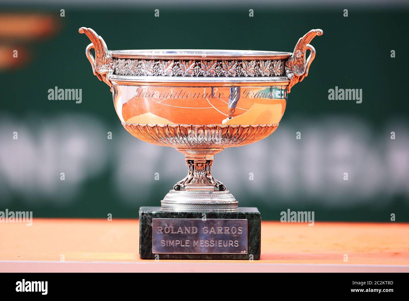 Paris, France. 9th June, 2019. File photo taken on June 9, 2019 shows the  trophy of men's singles final at French Open tennis tournament 2019 at  Roland Garros, in Paris, France. French