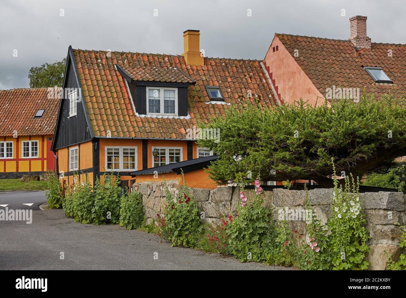 Traditional colorful halftimbered houses on Bornholm island in Svaneke