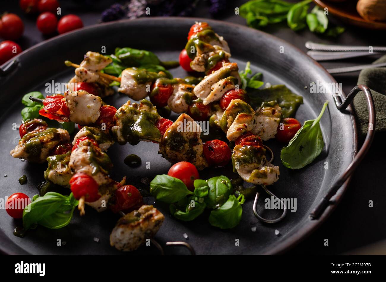 Chicken shish kebab with fresh basil pesto, tomatoes and garlic Stock
