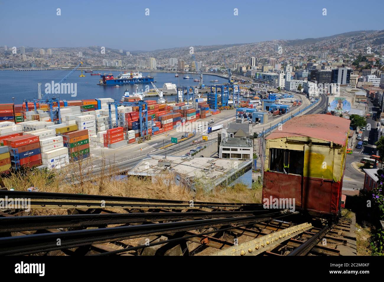 Chile Valparaiso - Artilleria funicular railway and Port of Valparaiso Stock Photo