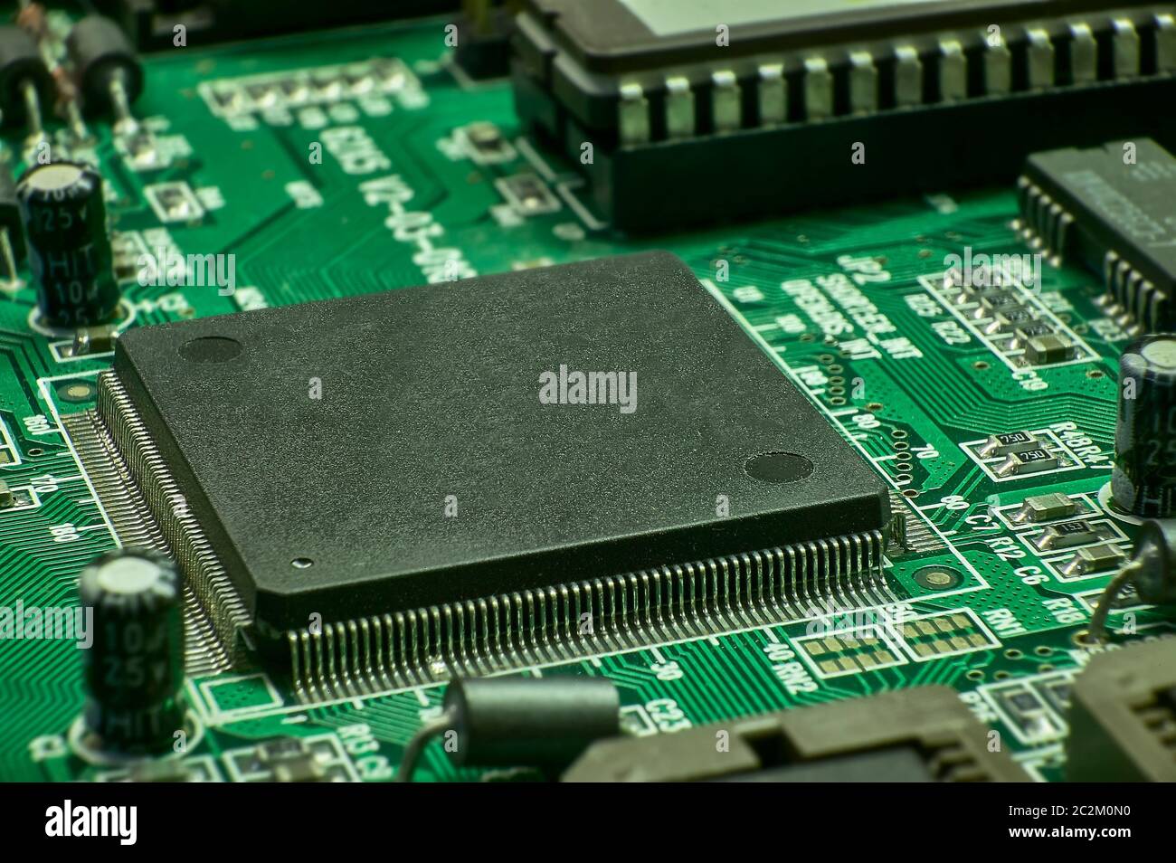 Electronic board with visible components The processor, the integrated