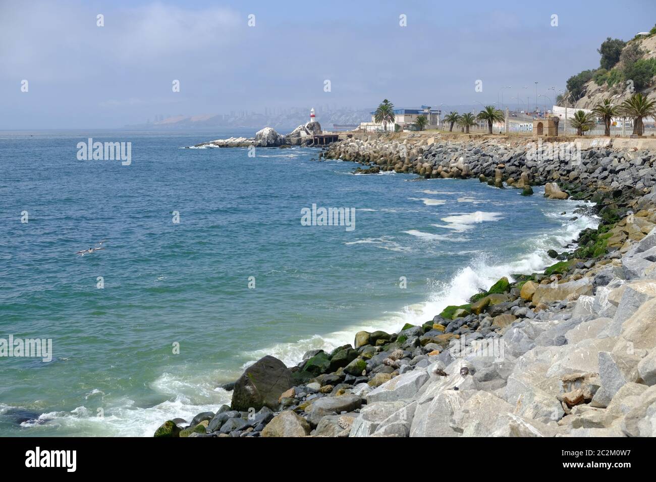 Chile Valparaiso - Coastline at Avenue of Spain with navigational light Stock Photo