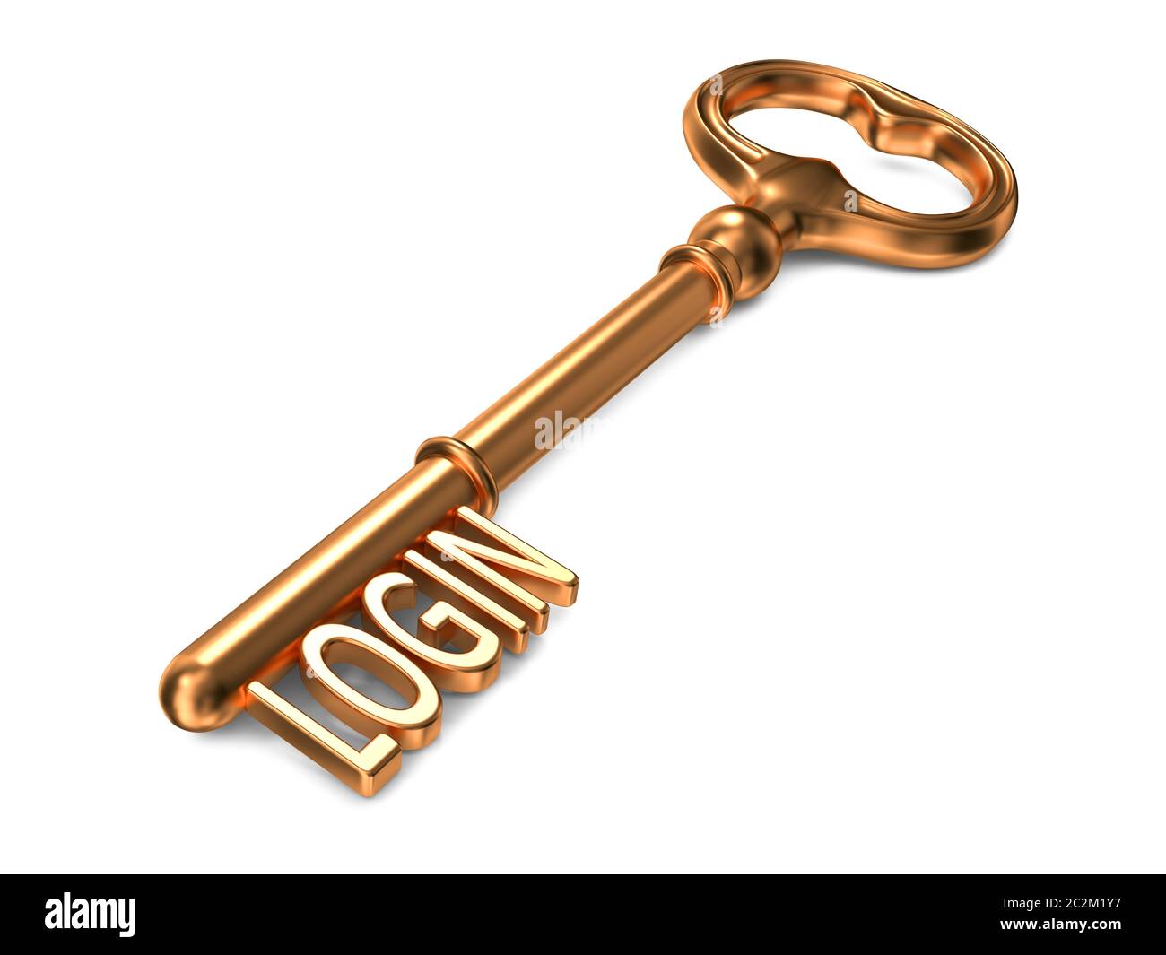 Login - Golden Key on White Background. 3D Render. Information Concept. Stock Photo