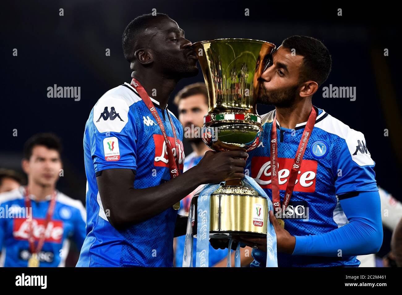 Rome, Italy. 17th June, 2020. ROME, ITALY - June 17, 2020: Kalidou Koulibaly of SSC Napoli and Faouzi Ghoulam of SSC Napoli celebrate with the trophy during the Coppa Italia final football match between SSC Napoli and Juventus FC. (Photo by Nicolò Campo/Sipa USA) Credit: Sipa USA/Alamy Live News Stock Photo