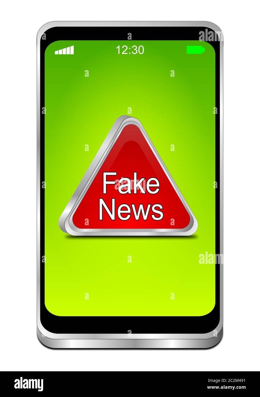 Smartphone with red Fake News warning sign on green desktop - 3D illustration Stock Photo