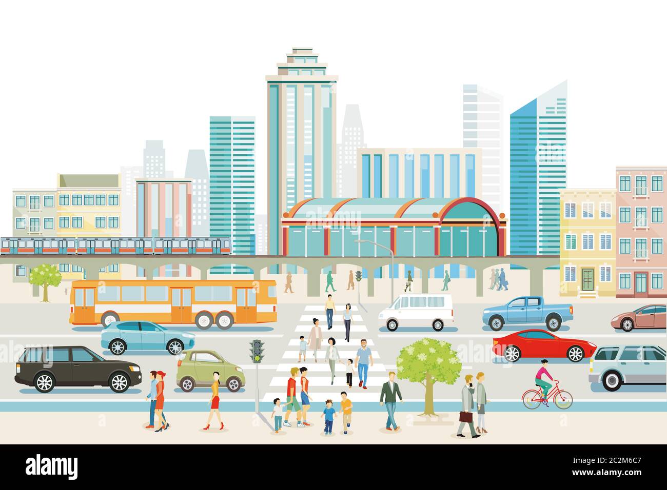 Big city with train station, bus, and pedestrian crossing Stock Photo ...