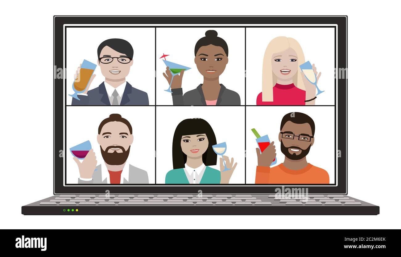 Multiracial group of friends asian, indian, african, men and women hangout together and have remote video chat meeting with cocktails champagne and wi Stock Vector