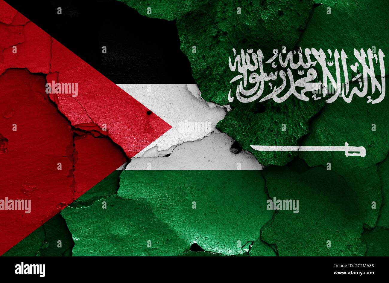 flags of Palestine and Saudi Arabia painted on cracked wall Stock Photo