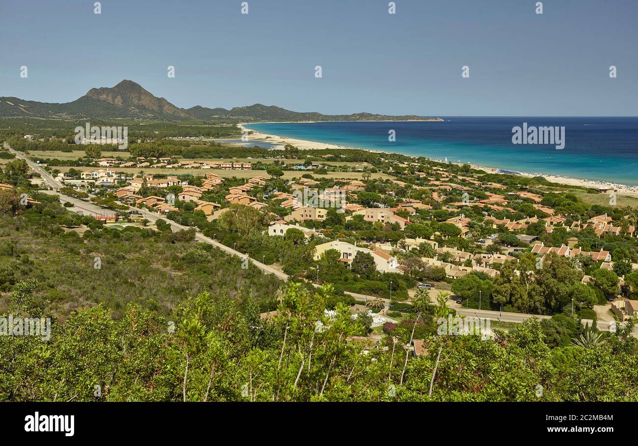 Aerial view of the villas of Costa Rei: a small village surrounded by nature on the southern coast of Sardinia. Stock Photo