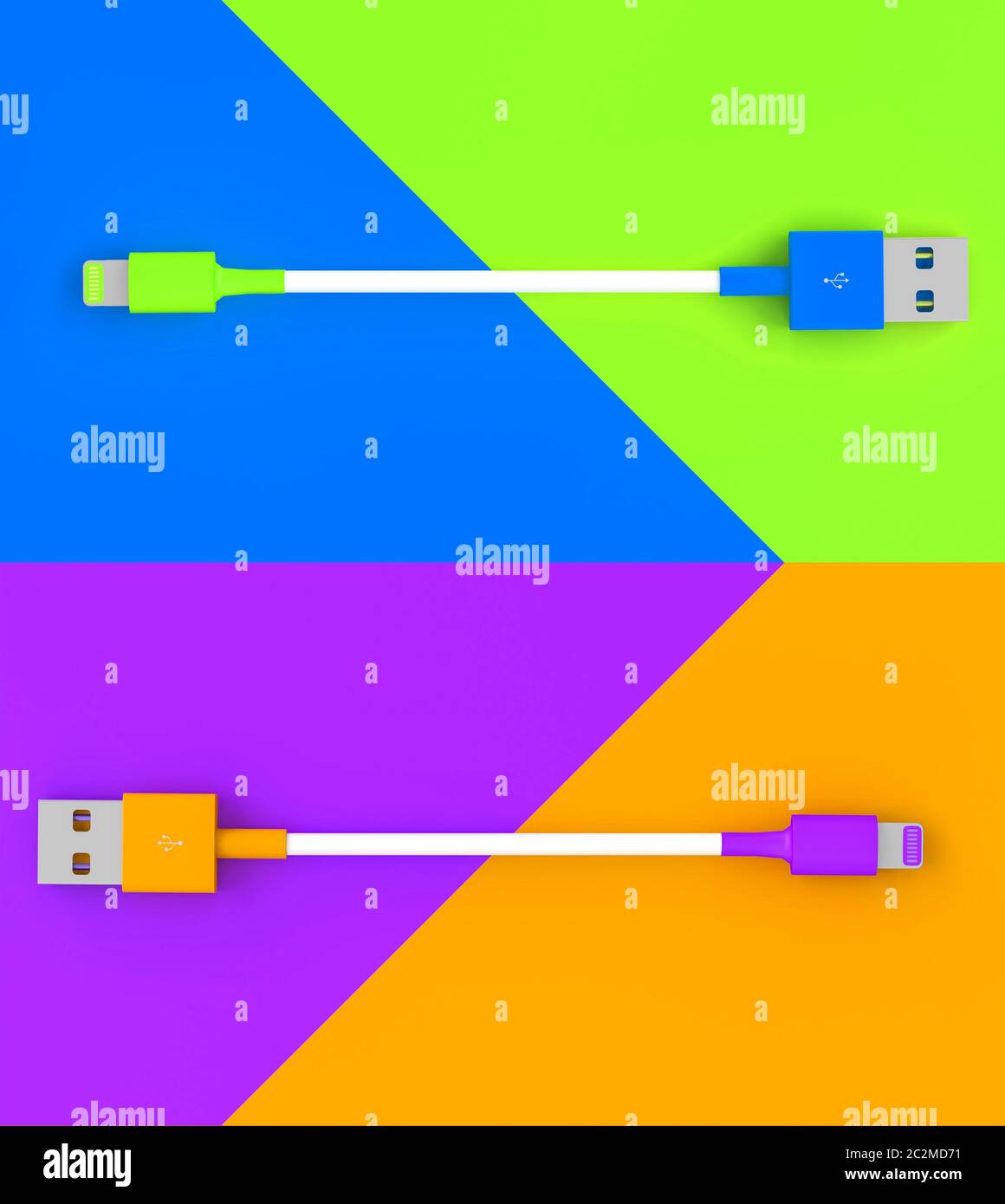 pair of usb cables render 3d image, diagonal split bicolor background