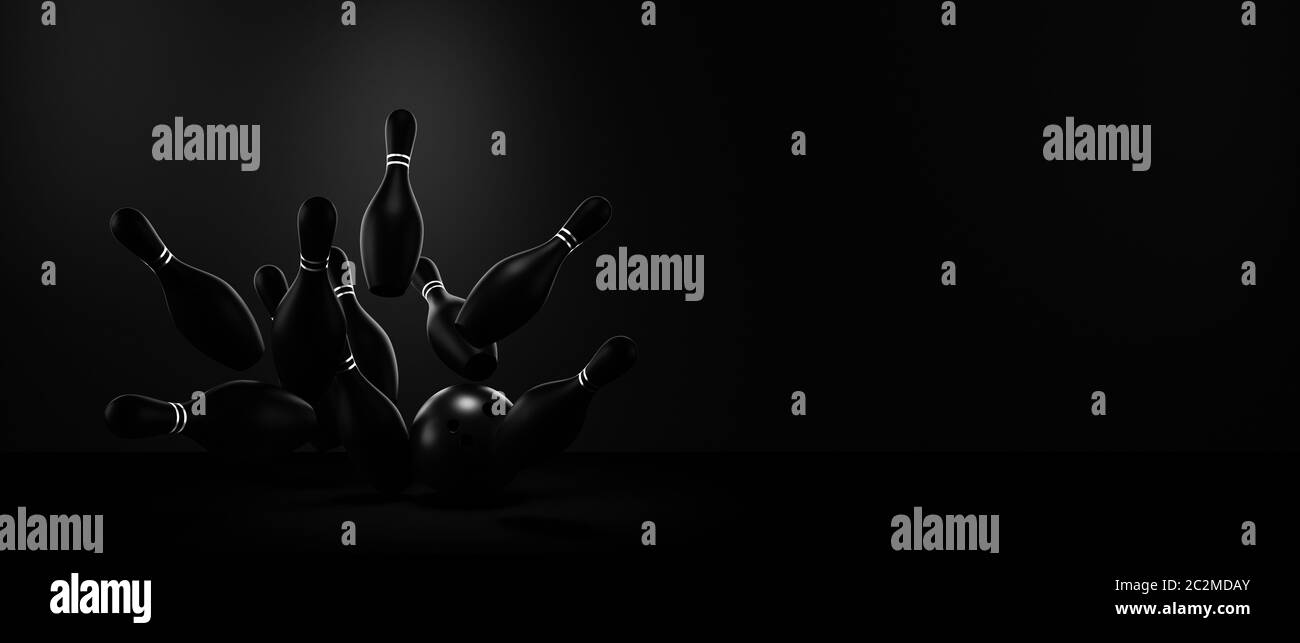 bowling ball hits the pins and strikes. sport and victory concept. 3d