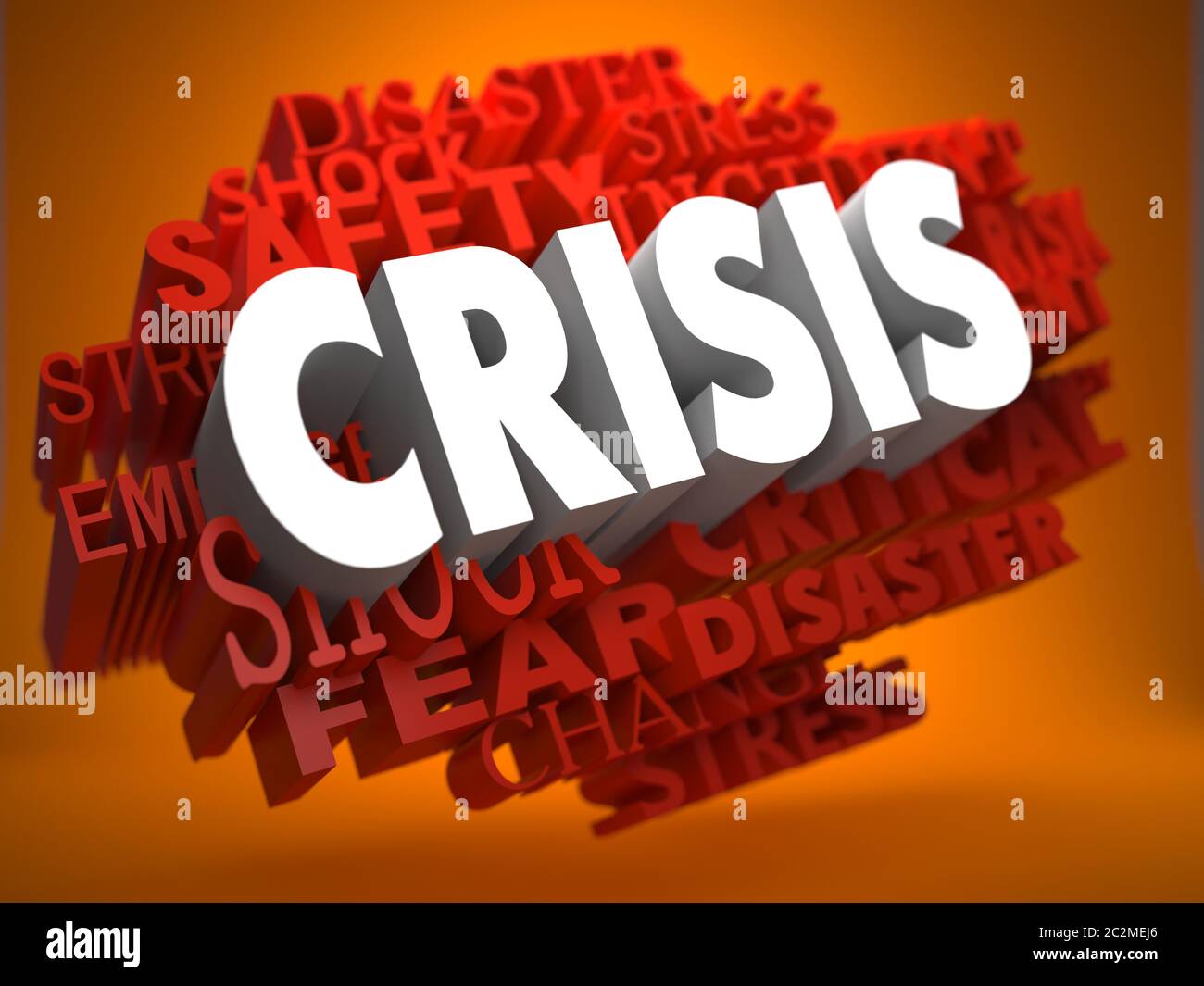 Crisis - the Word in White Color on Cloud of Red Words on Orange Background. Stock Photo