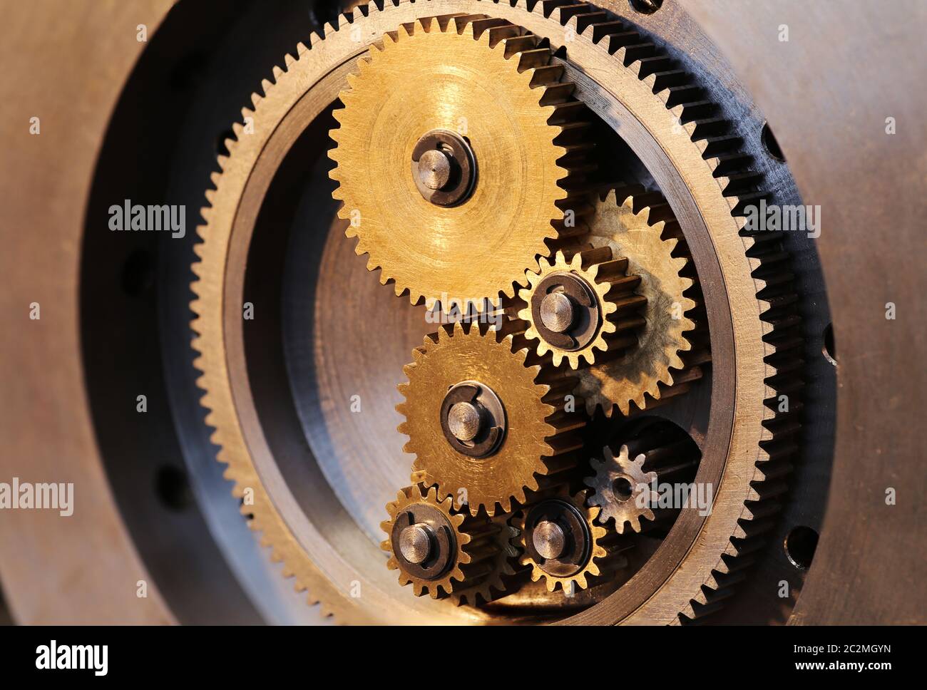 Brass gears of a locking mechanism Stock Photo Alamy