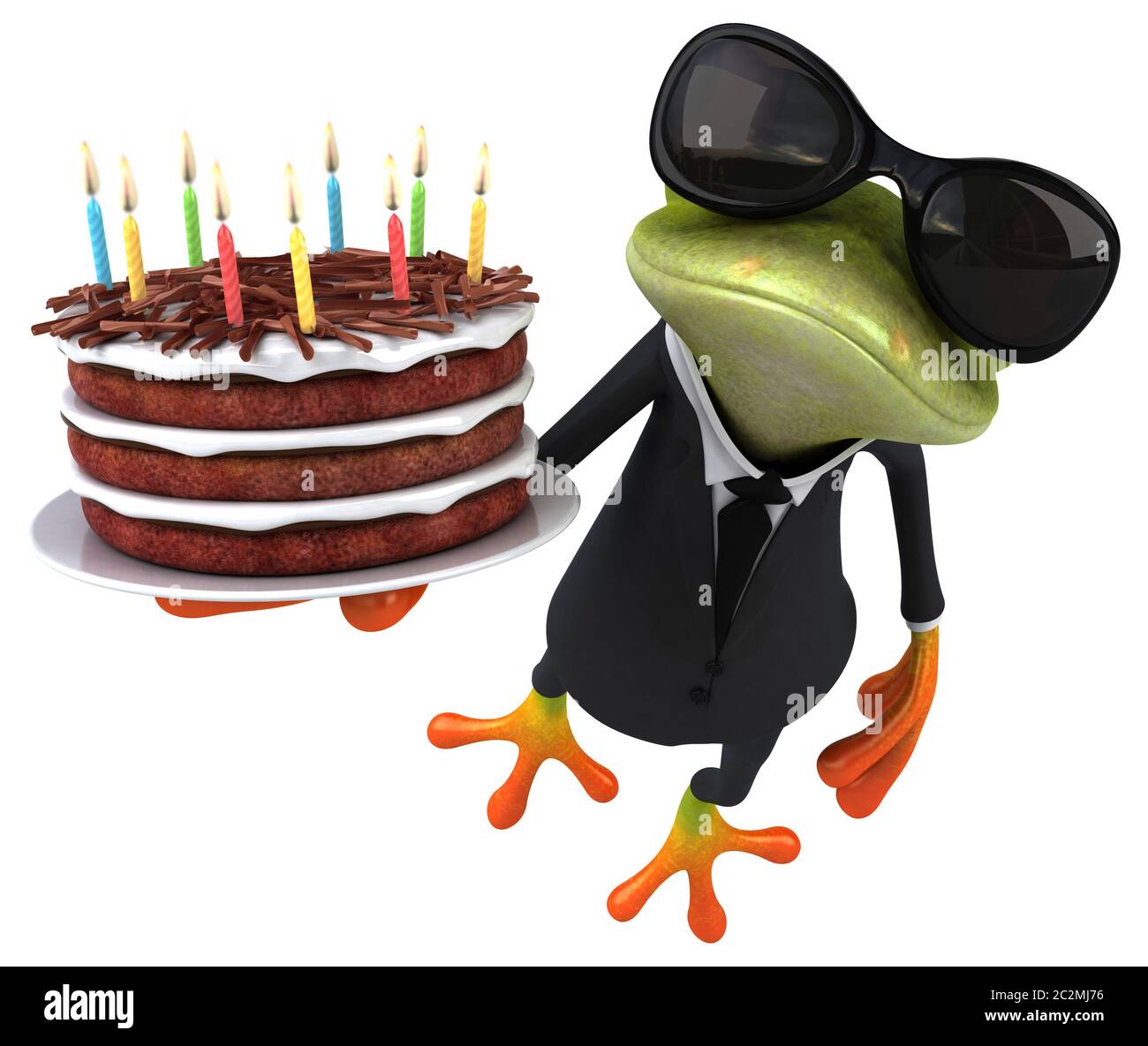 Fun frog with a birthday cake - 3D Illustration Stock Photo - Alamy