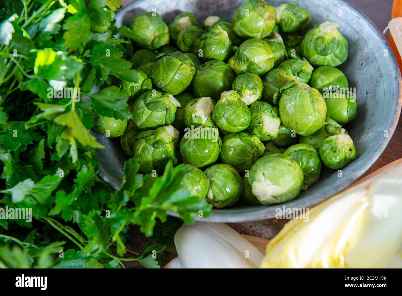 a group of fresh raw brussels sprouts Stock Photo