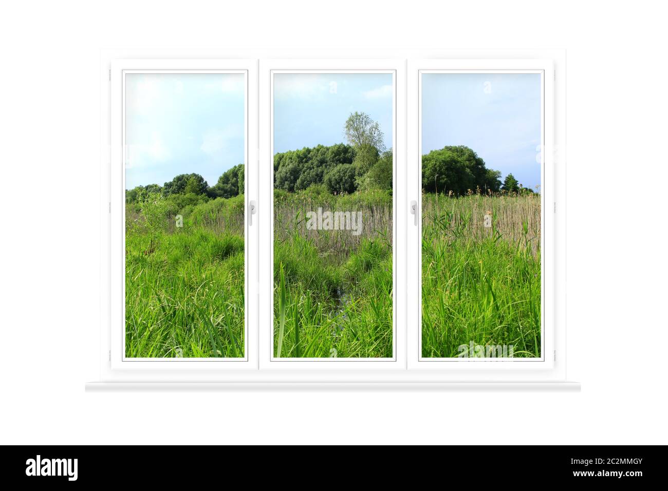 Window isolated with view to summer field. Rural view. Panorama from window to summer field Stock Photo